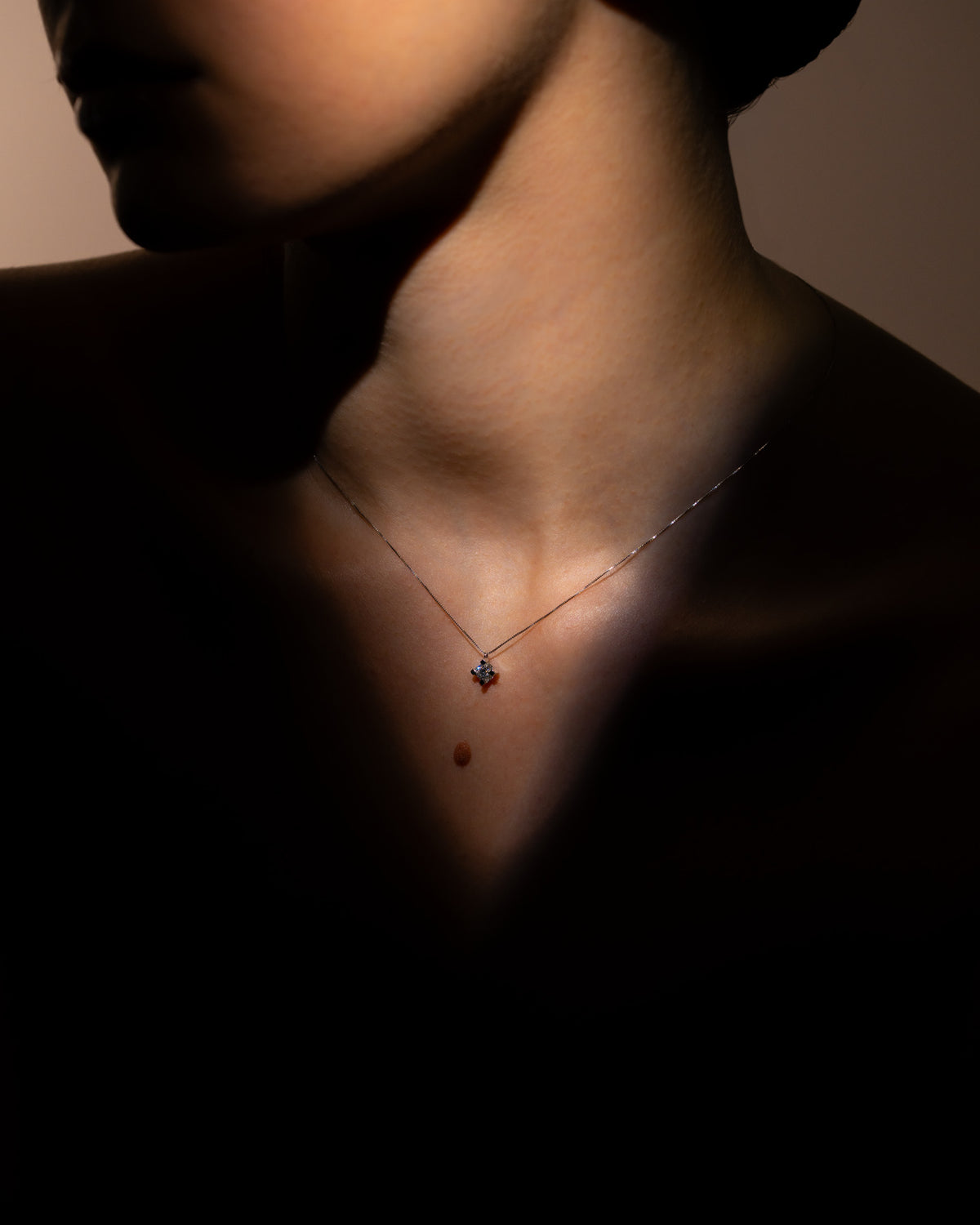Collana punto luce diamante da 0,25 ct in oro bianco indossata sul décolleté, Gioielleria La Rosa