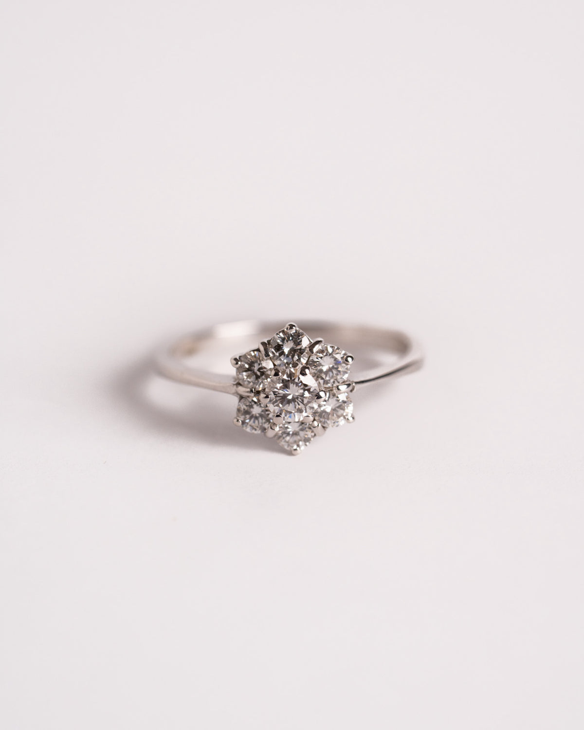 Anello rosetta con diamanti in oro bianco 750, diamante centrale e giro di brillanti, still life su fondo chiaro