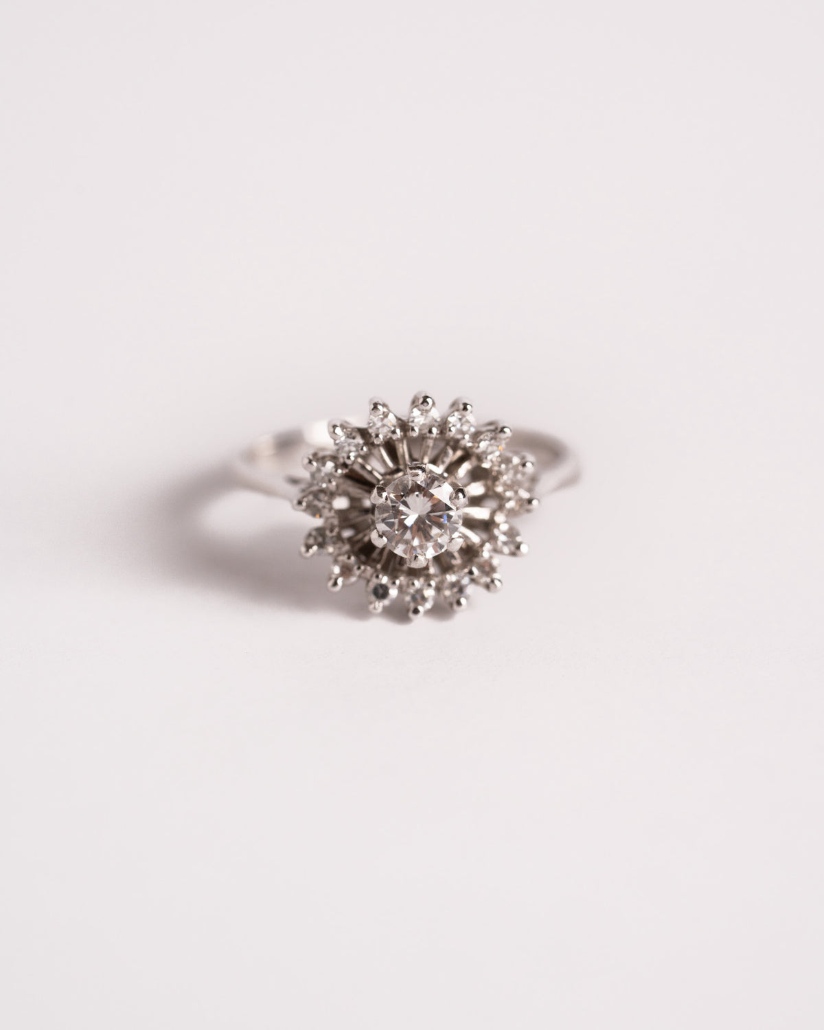 Anello solitario con giro di brillanti a raggiera e diamante centrale rialzato, still life su fondo chiaro, La Rosa